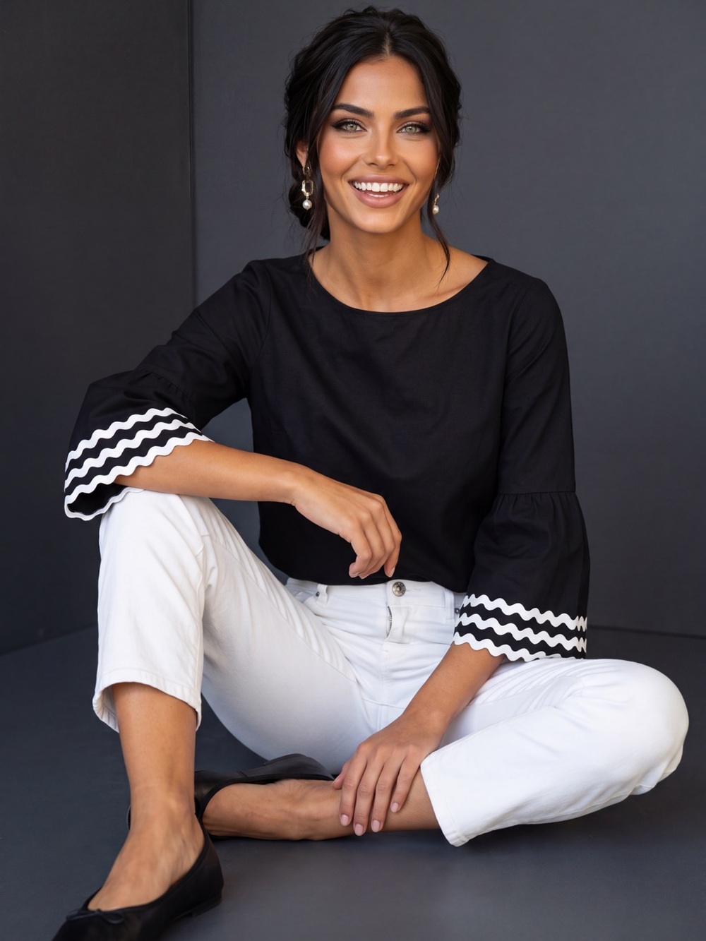 Talbots Black Bell-Sleeve Top with White Rickrack Accents